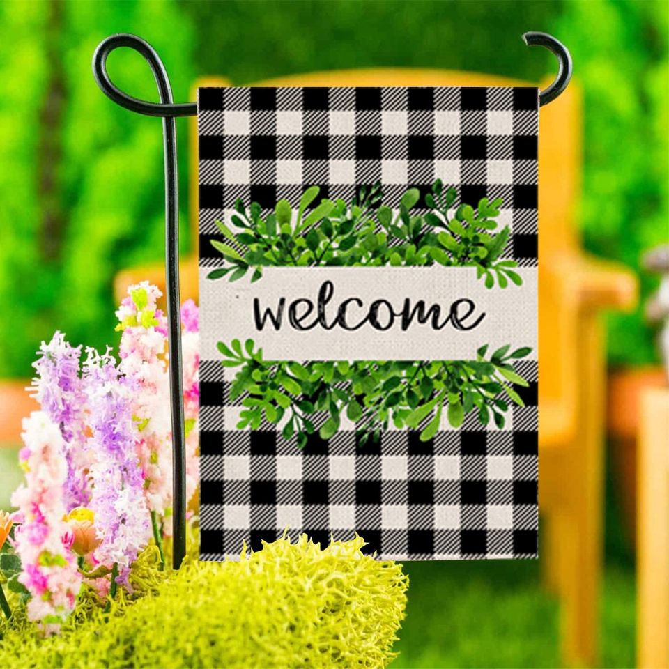 Welcome Garden Flag Vertical Double Sided Buffalo Plaid Burlap Spring Yard Flags for Spring Summer Fall Yard Outdoor