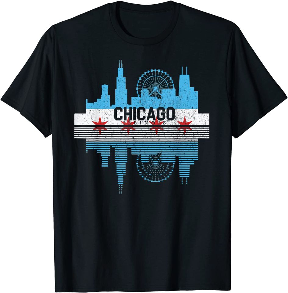 Vintage Chicago Illinois Flag Tees Skyline Shirt Men Women T-Shirt