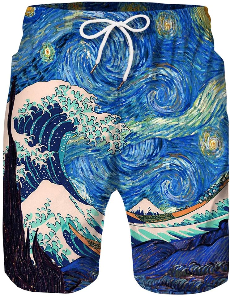 Swim Trunks 3D Hawaiian Print Elastic Waist Board Shorts Beach Swimwear