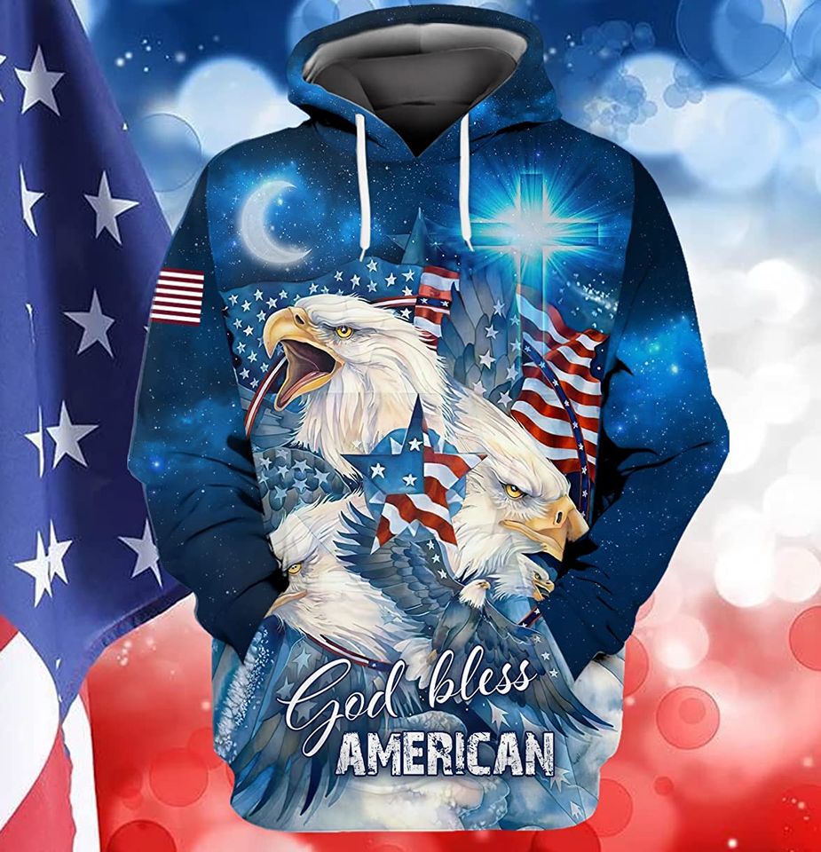American Flag With Bald Eagle And Cross In Galaxy 3D Hoodie