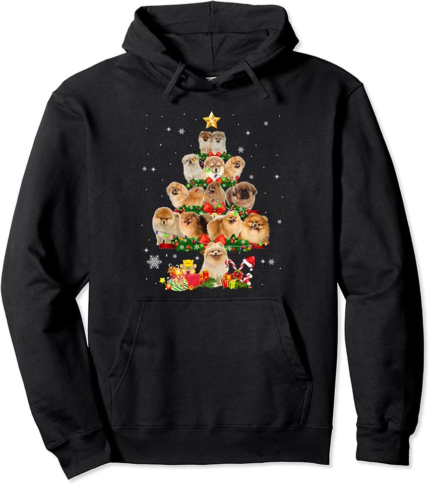 Pekingese Dog Christmas Tree Lights Funny Dog Xmas Gift Pullover Hoodie