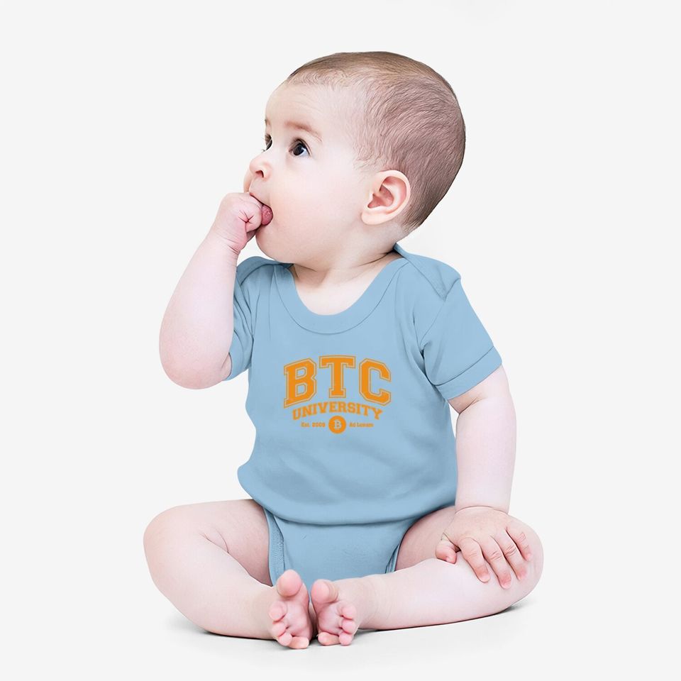 Btc University To The Moon, Funny Distressed Bitcoin College Baby Bodysuit