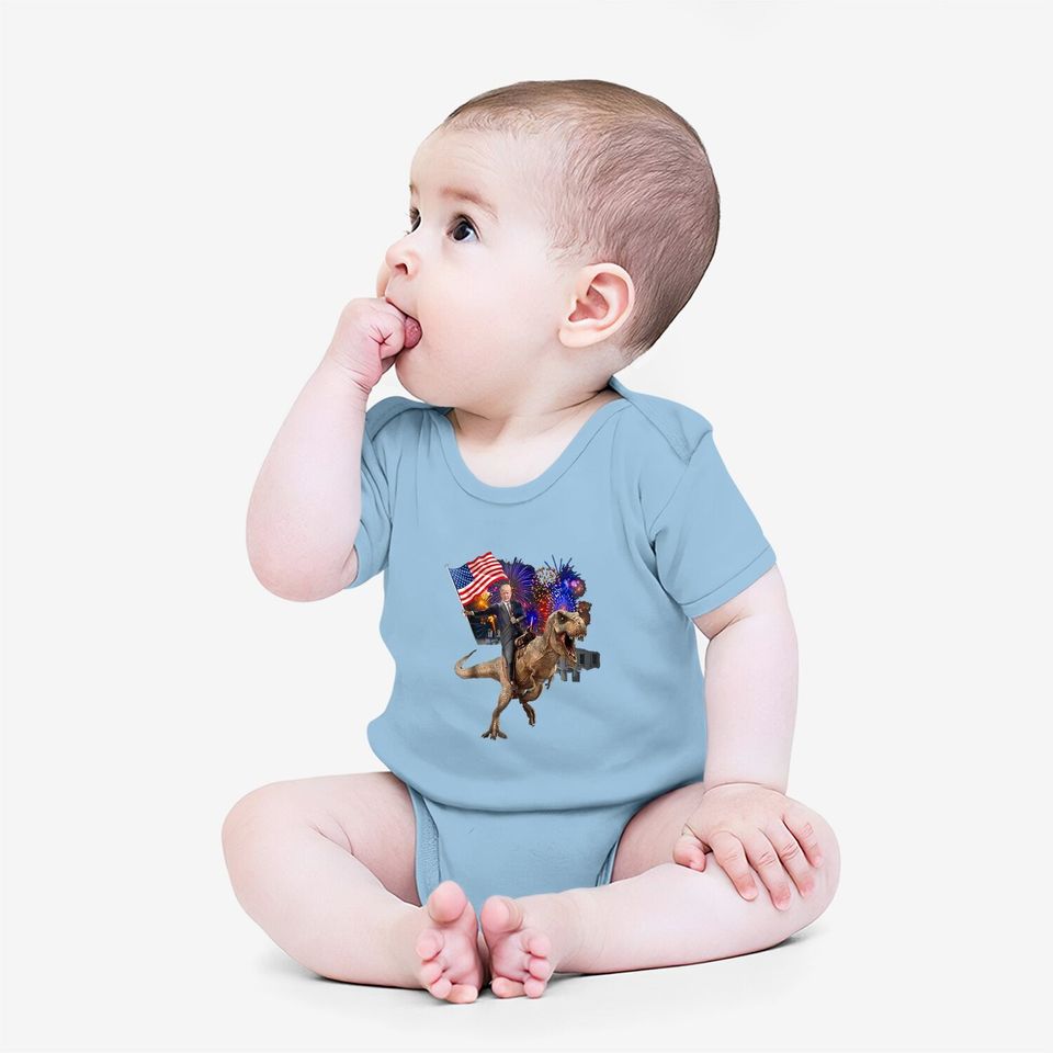 Trump Riding A Dinosaur T-rex Suppor Baby Bodysuit