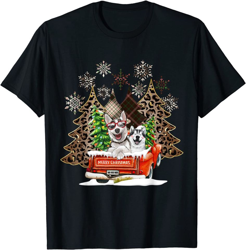 Christmas Pajama Trees Plaid Leopard Siberian Husky Dog T-Shirt
