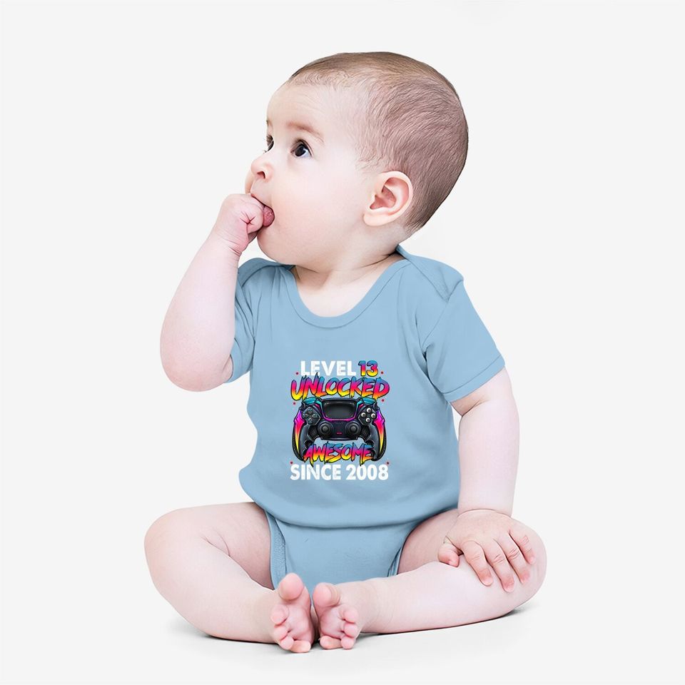 Level 13 Unlocked Awesome Since 2008 13th Birthday Gaming Baby Bodysuit