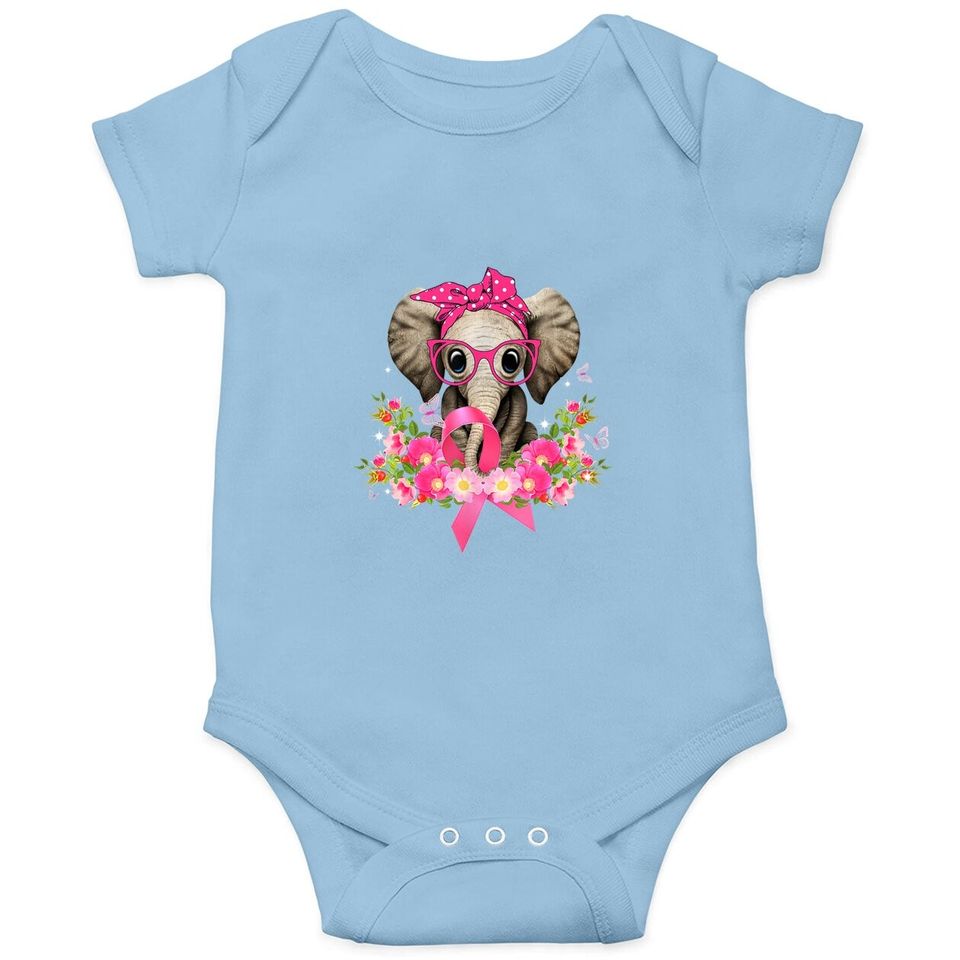 Breast Cancer Awareness Cute Elephant Flowers Pink Ribbon Baby Bodysuit