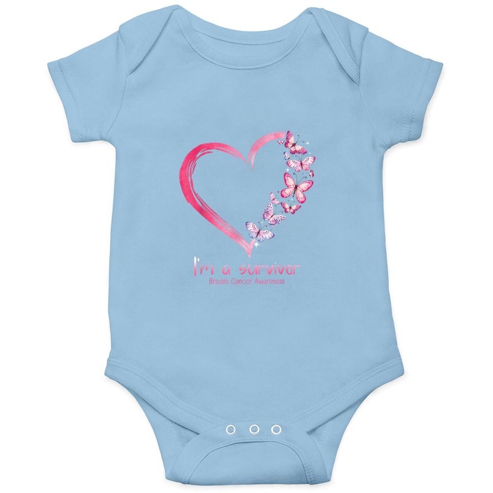 Pink Butterfly Heart I'm A Survivor Breast Cancer Awareness Baby Bodysuit