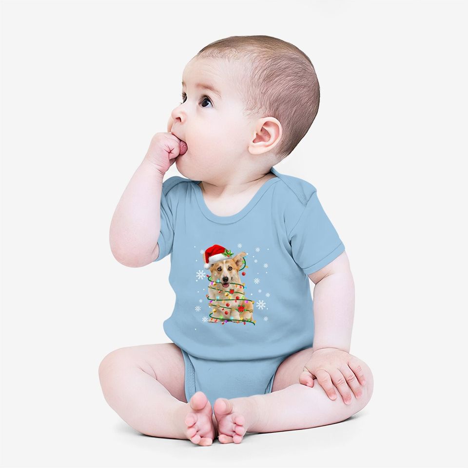 Santa Corgi Christmas Tree Light Pajama Dog X-mas Matching Baby Bodysuit