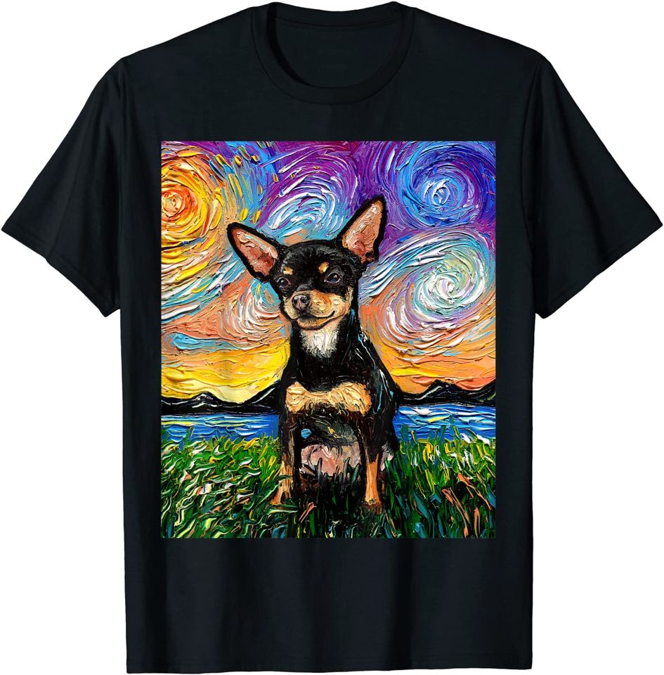 Sagittarius Art T-shirt Black and Tan Smooth Chihuahua Starry Night Dog