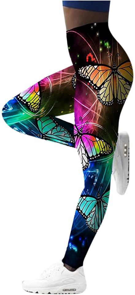 High Waist Yoga Pants Gradient Color 3D Butterfly Printed Full Length Tights for Women Tummy Control Workout Leggings
