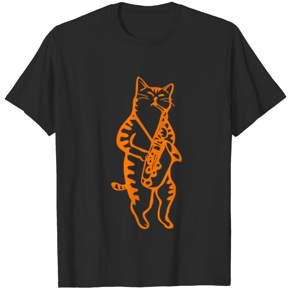 Saxophone playing cat; orange T-shirt