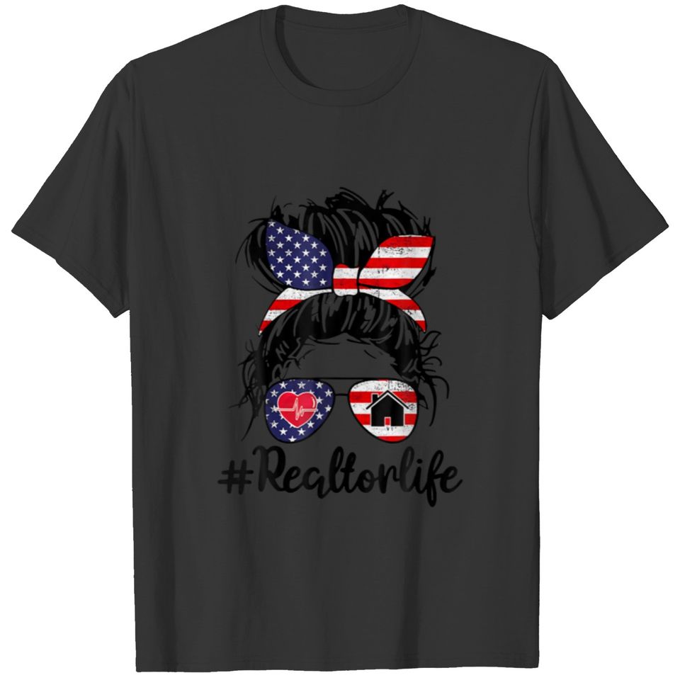 Realtor Life Messy Bun USA Flag Bandana Sunglasses T-shirt