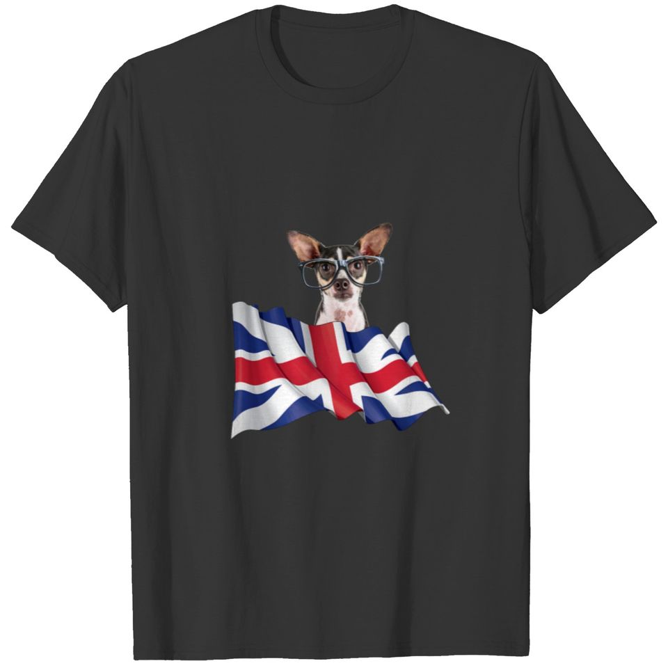 Union Jack Flag Dog Chihuahua W Glasses T-shirt