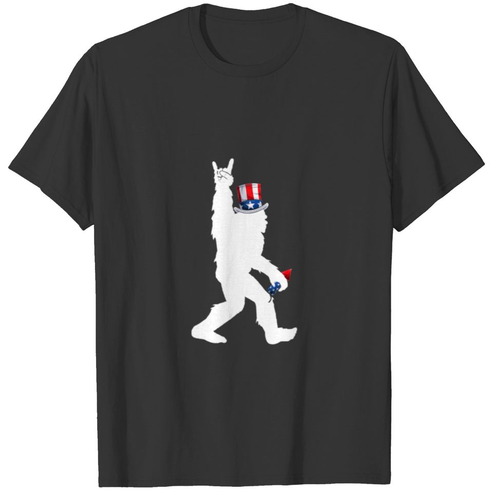Funny Bigfoot Rock And Roll Firework USA Flag 4Th T-shirt