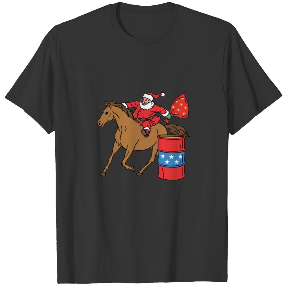 Barrel Racing Christmas Santa on Barrel Horse T-shirt