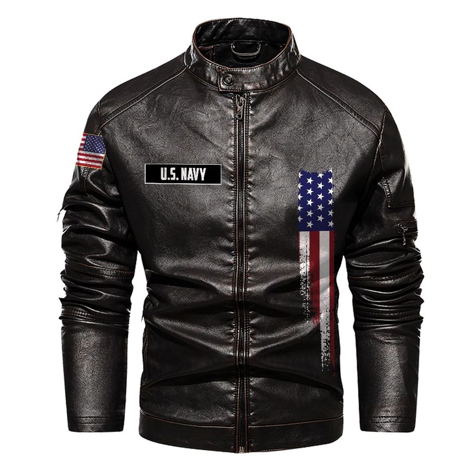 Personalized US Navy Veteran Leather Coat
