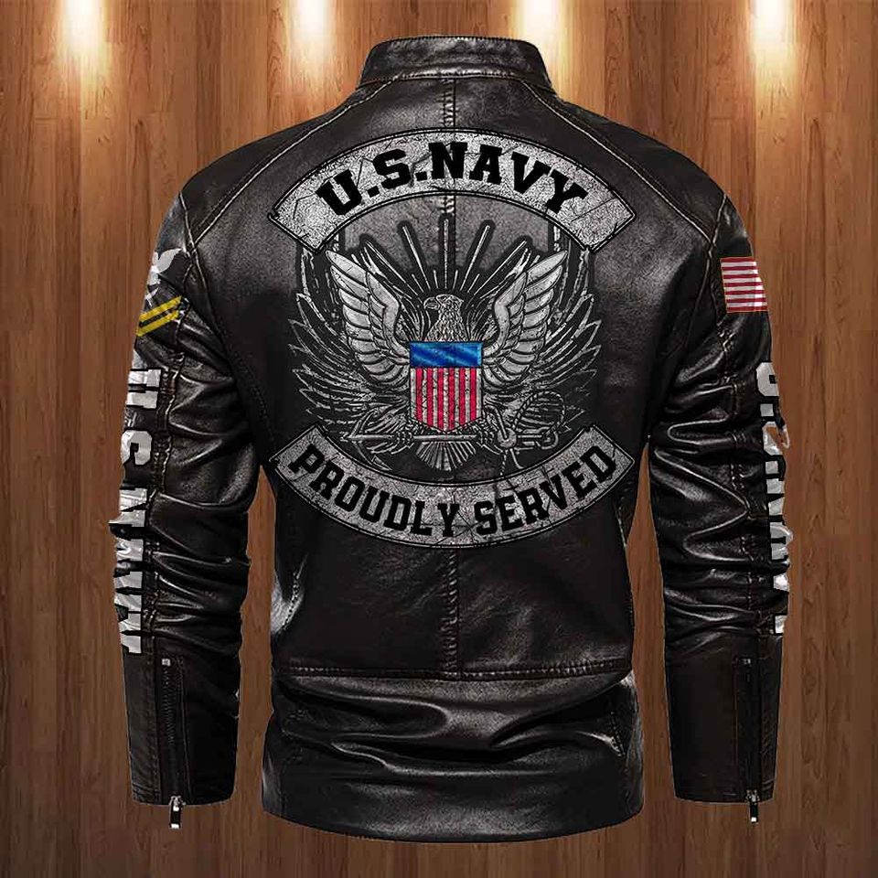 Customized US Navy Proudly Served Stand Collar Leather Jackets