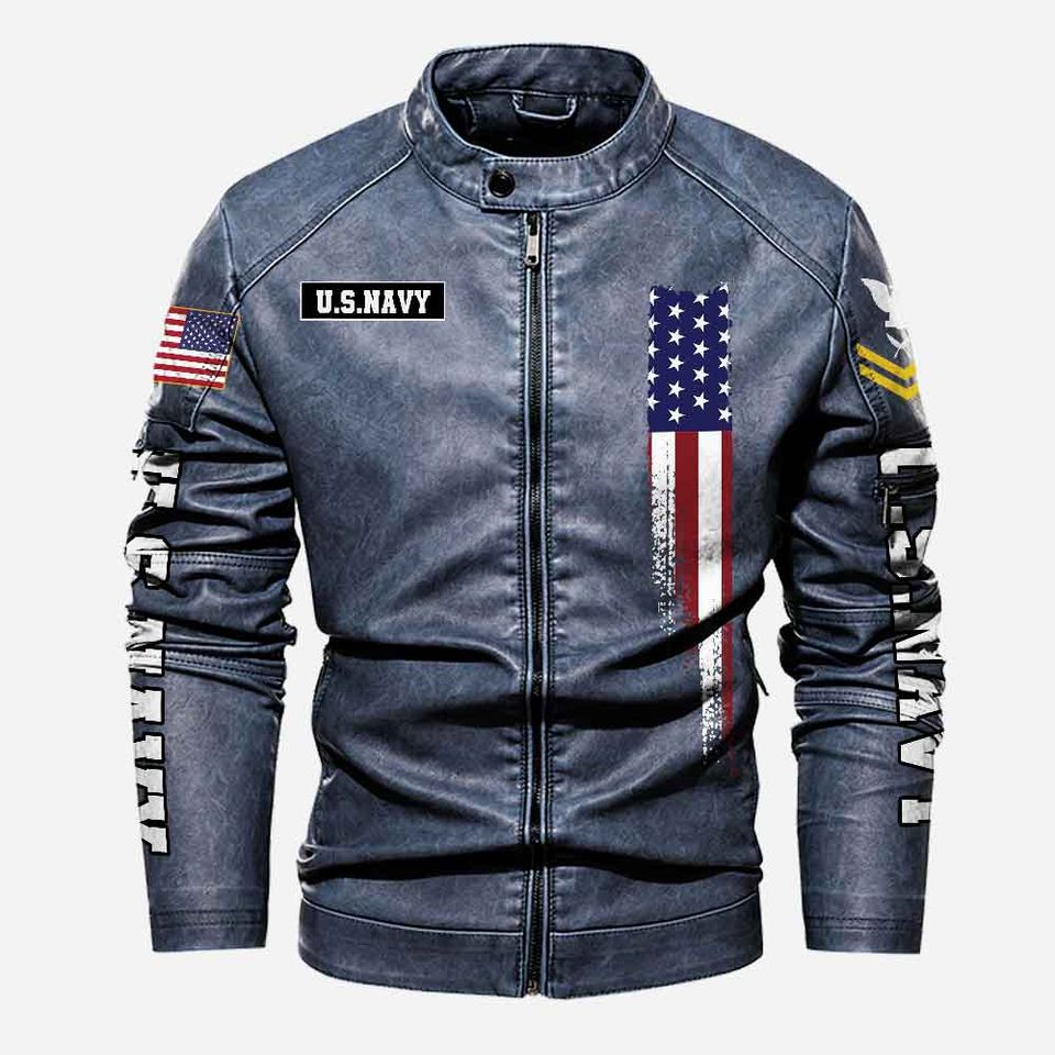 Customized US Navy Proudly Served Stand Collar Leather Jackets