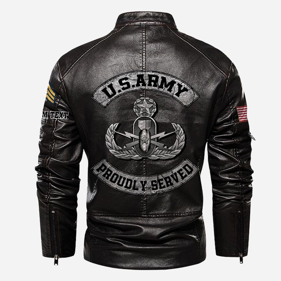 Customized US Army Skill Badges Proudly Served Stand Collar Leather Jackets