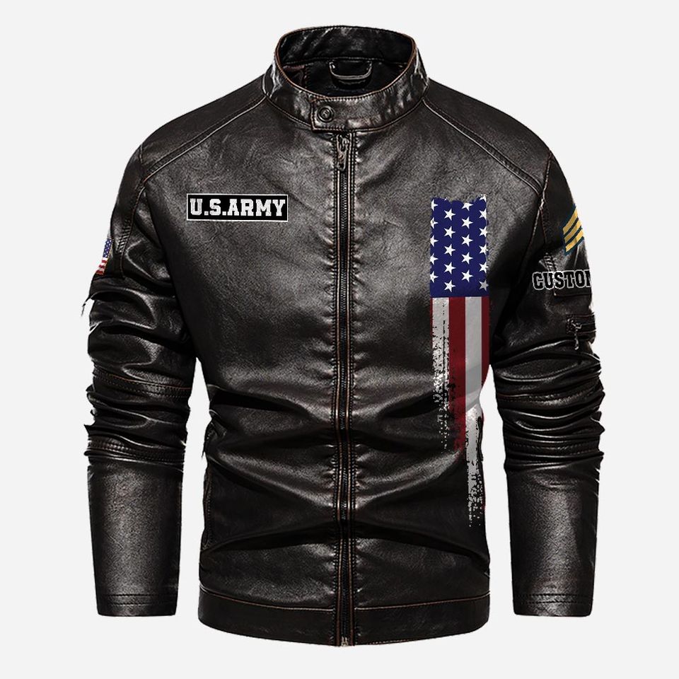 Customized US Army Skill Badges Proudly Served Stand Collar Leather Jackets