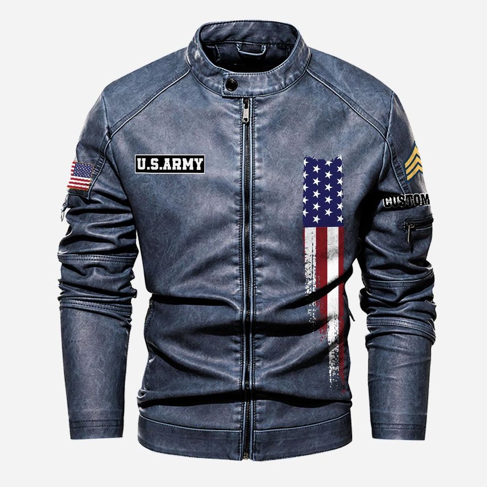 Customized US Army Skill Badges Proudly Served Stand Collar Leather Jackets
