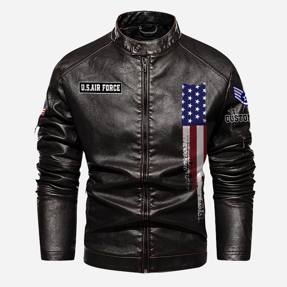 Customized USAF Skill Badges Proudly Served Stand Collar Leather Jackets