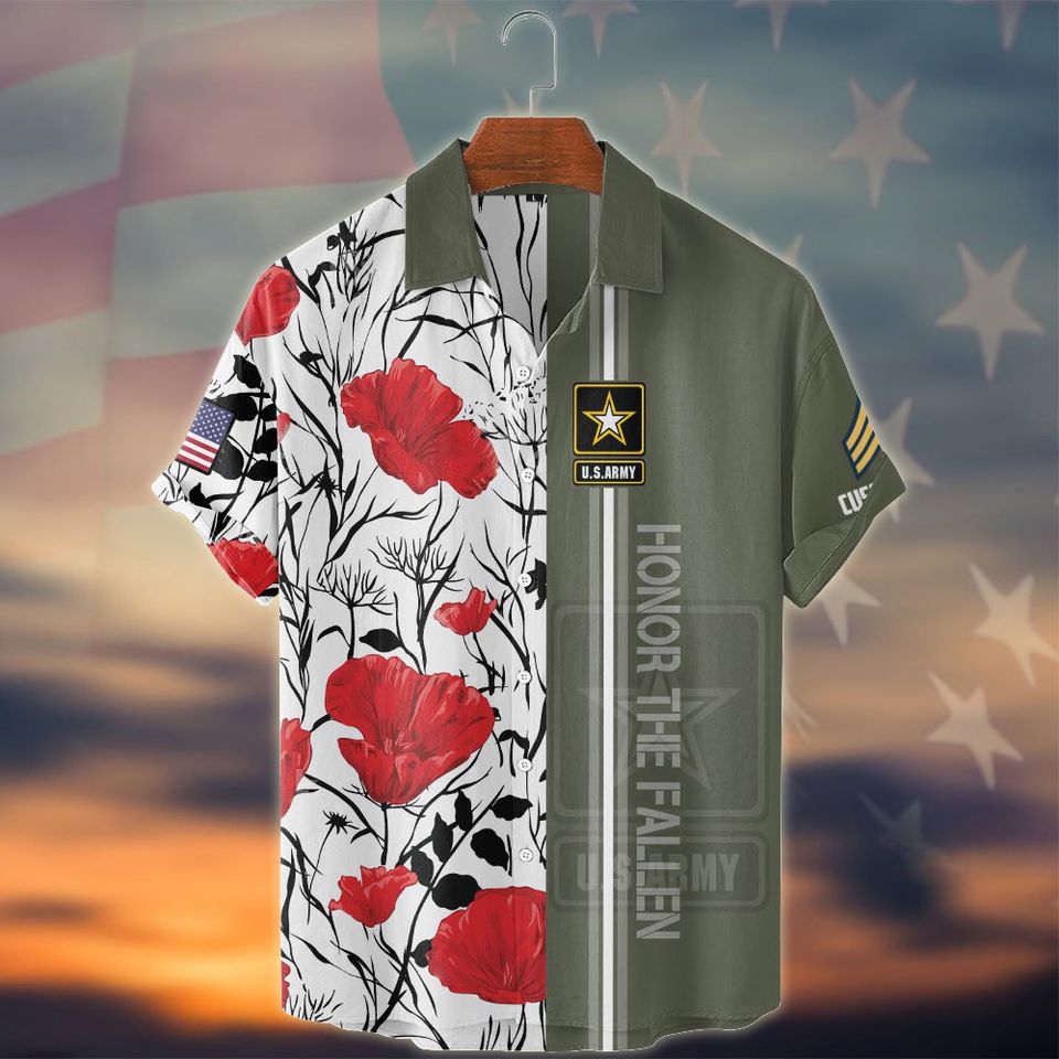 Customized U.S Veteran Floral Red Poppies Pattern Hawaiian Shirt