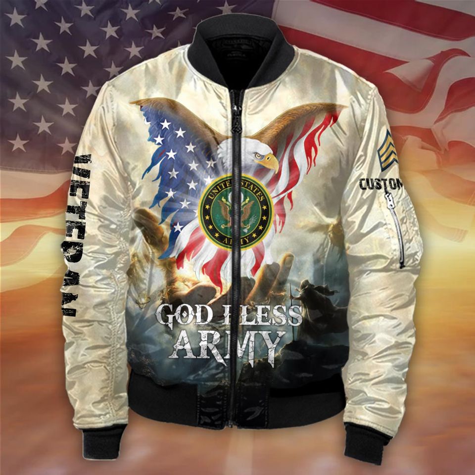 Customized God Bless US Veteran With US Eagle Bomber Jacket