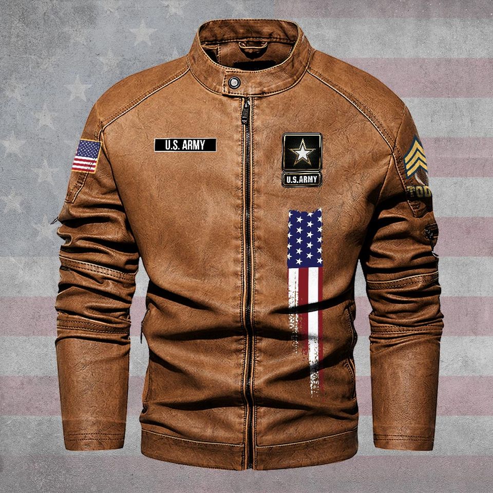Customized Golden US Veteran Stand Collar Leather Jackets