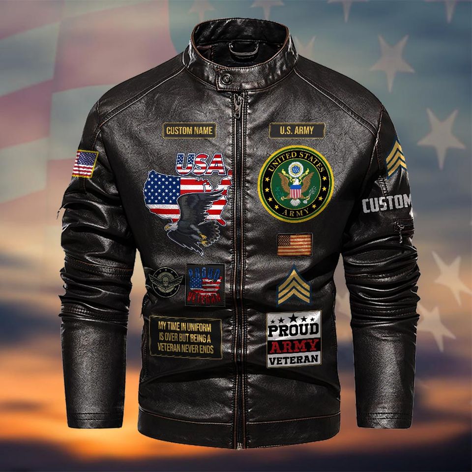 Customized U.S Veteran Proudly Served Stand Collar Leather Jackets