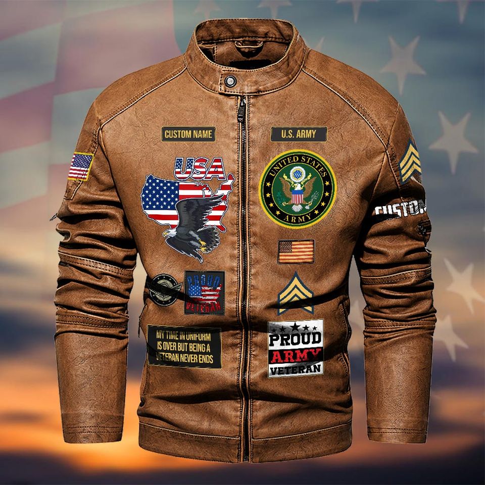 Customized U.S Veteran Proudly Served Stand Collar Leather Jackets
