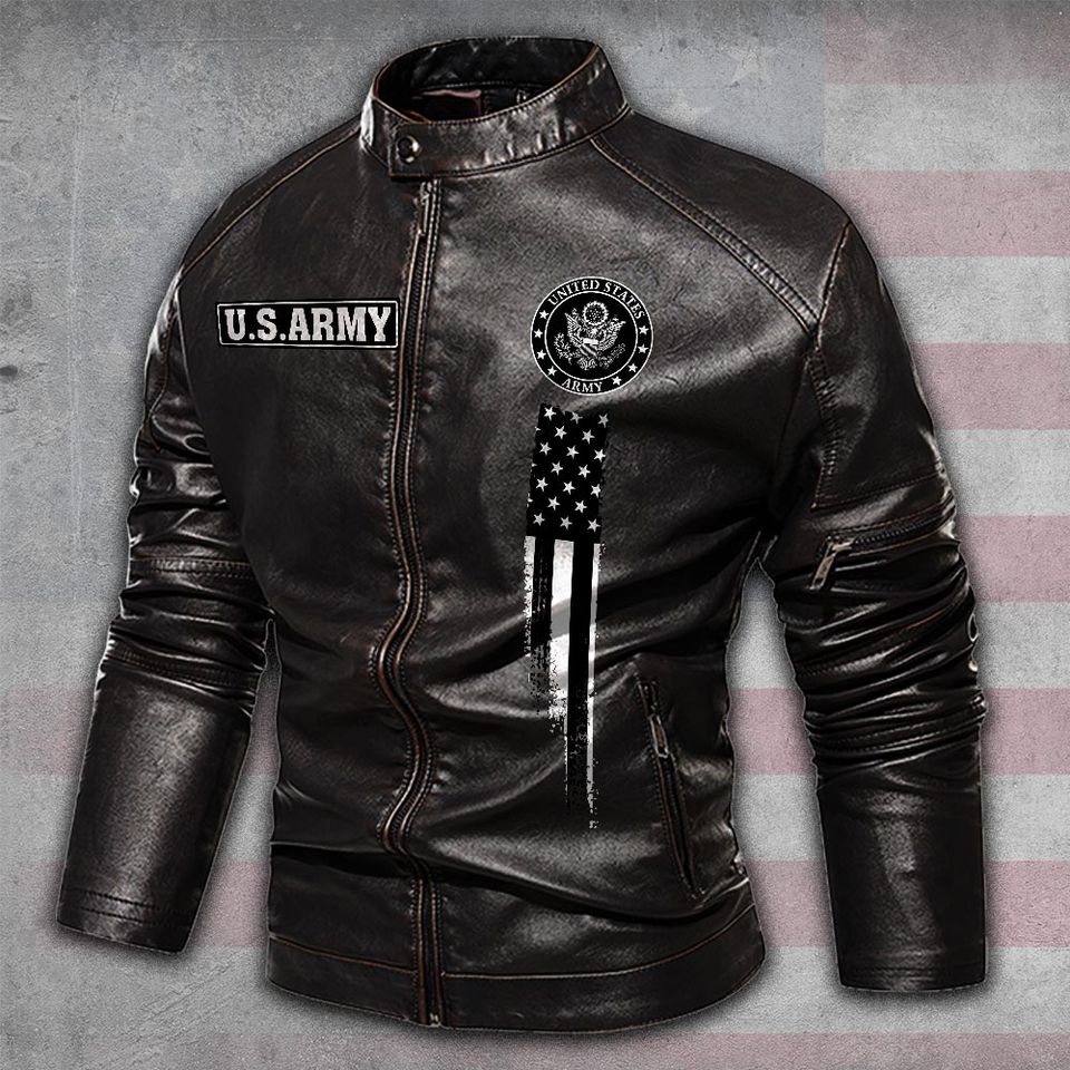 Customized US Veteran Skull Art Stand Collar Leather Jackets