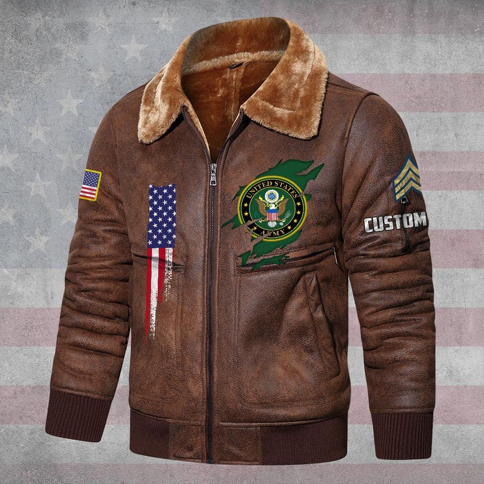 Customized U.S Veteran Proudly Served Fur Lapel Leather Jacket