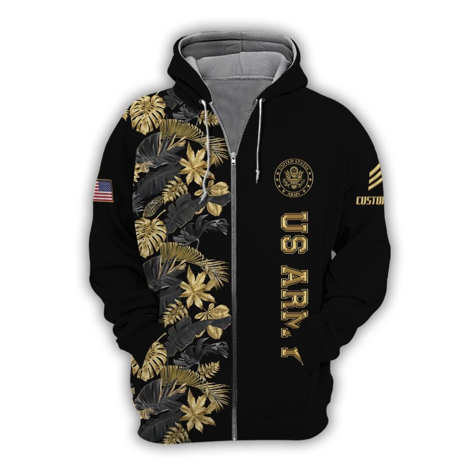 Customized US Military Floral Leaves Pattern 3D Zip Hoodie