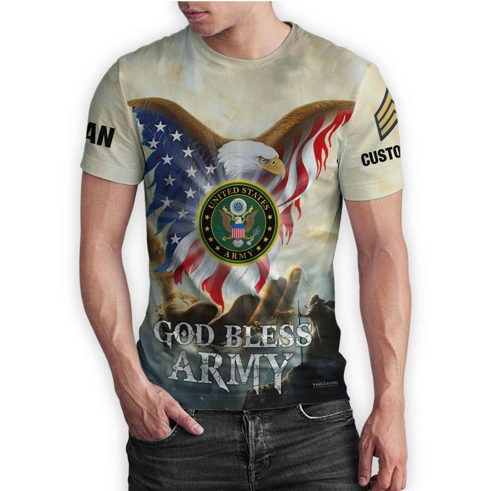 Customized God Bless US Veteran T-Shirt with US Eagle Design