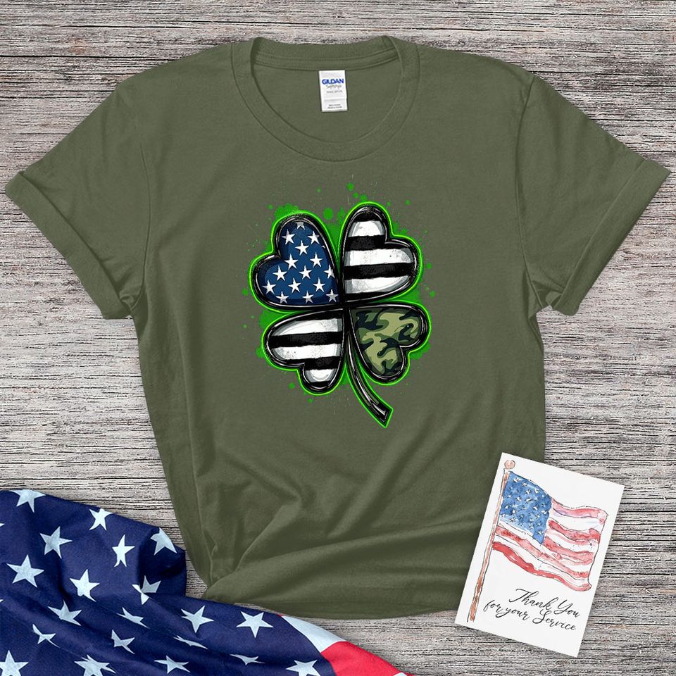 Thin Camo Line Flag St. Patrick's Day Clover T-Shirt