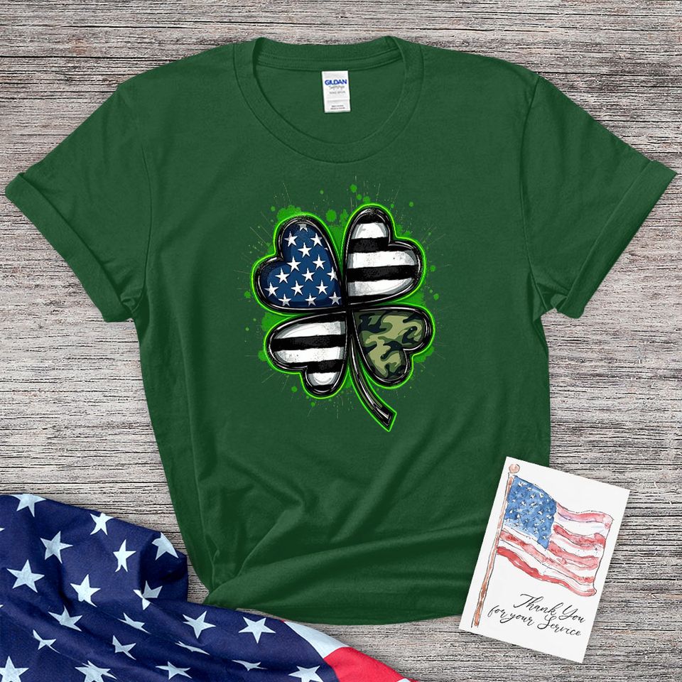 Thin Camo Line Flag St. Patrick's Day Clover T-Shirt