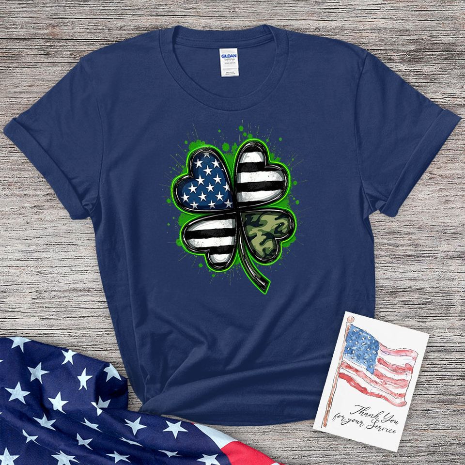 Thin Camo Line Flag St. Patrick's Day Clover T-Shirt