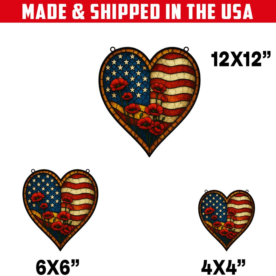 American Flag with Poppies Heart Hanging suncatcher ornaments