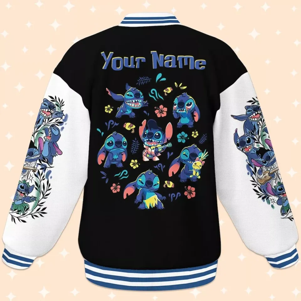 Custom Stitch Black Baseball Jacket, Adult Varsity Jacket, Personalized Disney