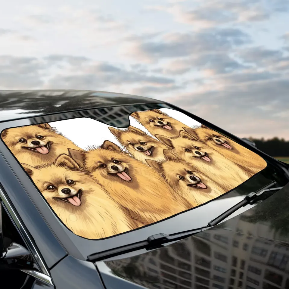 Pomeranian Happy Team Dogs Sunflowers Car Sun Shade