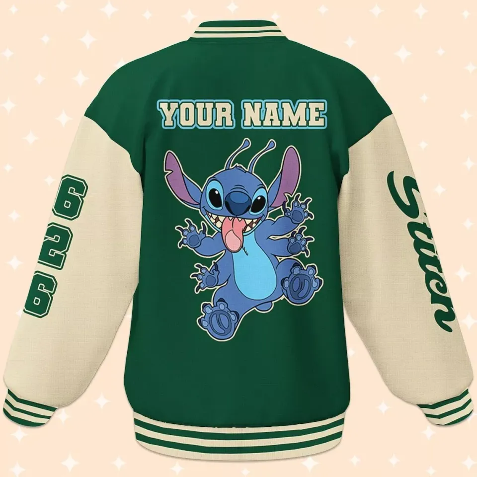 Personalize Disney Stitch Green, Disney Baseball Jacket, Adult Varsity Jacket