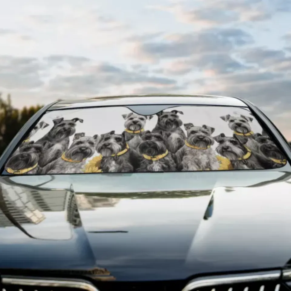 Miniature Schnauzer Happy Team Dogs Sunflowers Car Sun Shade