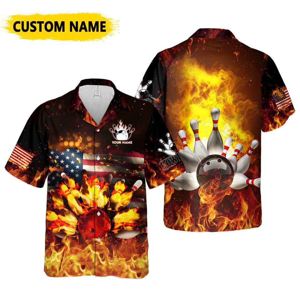 Custom Bowling Personalize Name USA Vintage Flame, Bowling Team Hawaiian Shirt