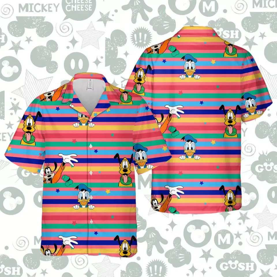 Mickey Mouse Donald Goofy Disney Theme Funny Cartoon Aloha Hawaiian Shirt, Woven Polyester Fabric Shirt, Summer Short Sleeve Button Down Shirts For Men, Women