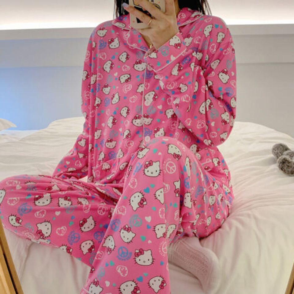 Hello Kitty Pajamas Kawaii Pyjama Set Female print Cute Anime Sleepwear Pjs gift