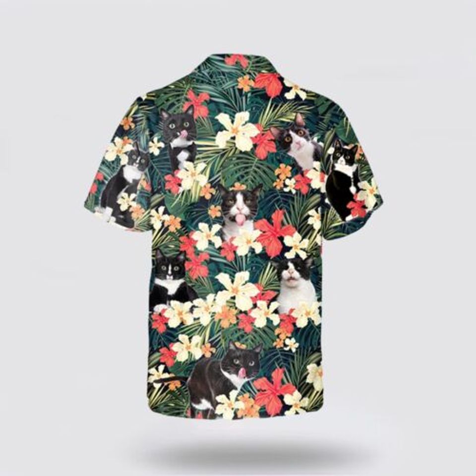 Tuxedo Cat With Face Funny Yellow And Red Flower Hawaiian Shirt For Cat Lover