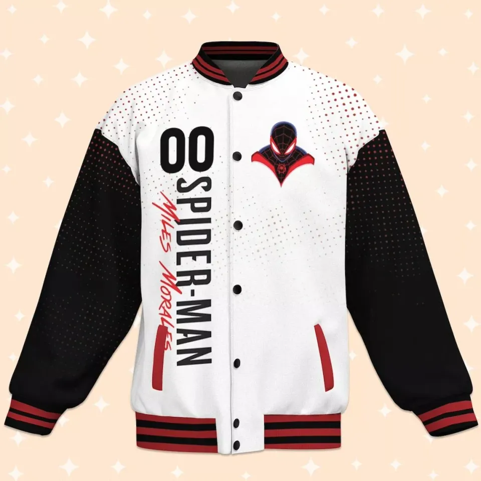 Custom Spiderman Miles Morales White Comic Varsity Jacket Baseball Outfit Disney