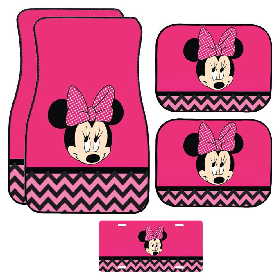 Disney Car Mat | Pink Chevron Minnie Mouse Car Mat | Cartoon Car Floor Mats, Multipurpose Easy to Clean Mats, Anti-Slip Mats
