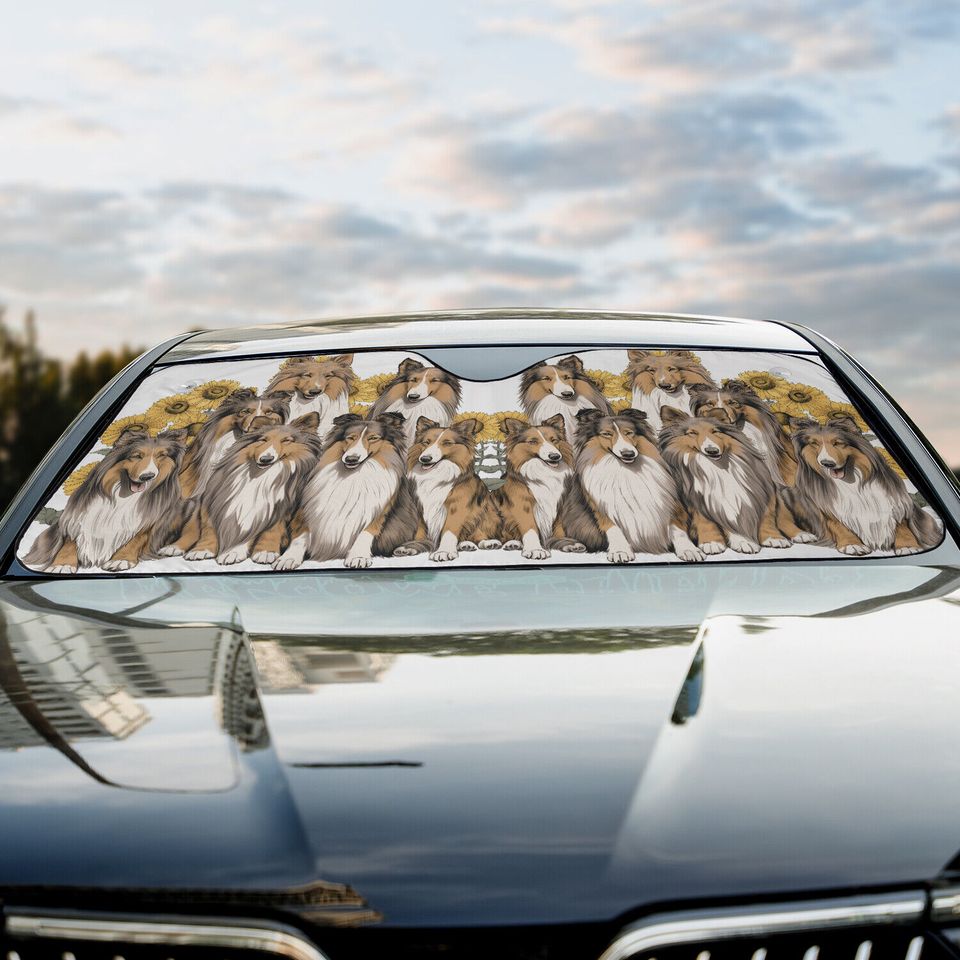 Shetland Sheepdog Happy Team Dogs Sunflowers Car Windshield Sun Shade